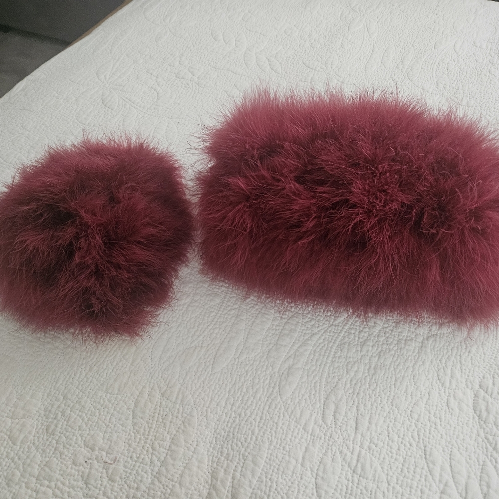 Vintage Rare  Frank Olive Burgundy Feather Hat with Matching Muff